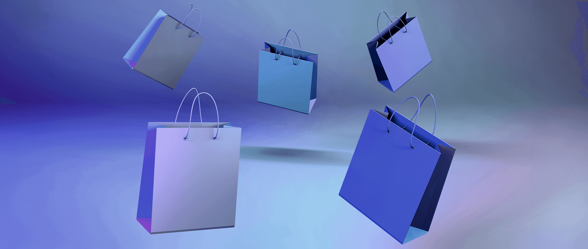 floating shopping bags illustrating AI powered retail over purple background