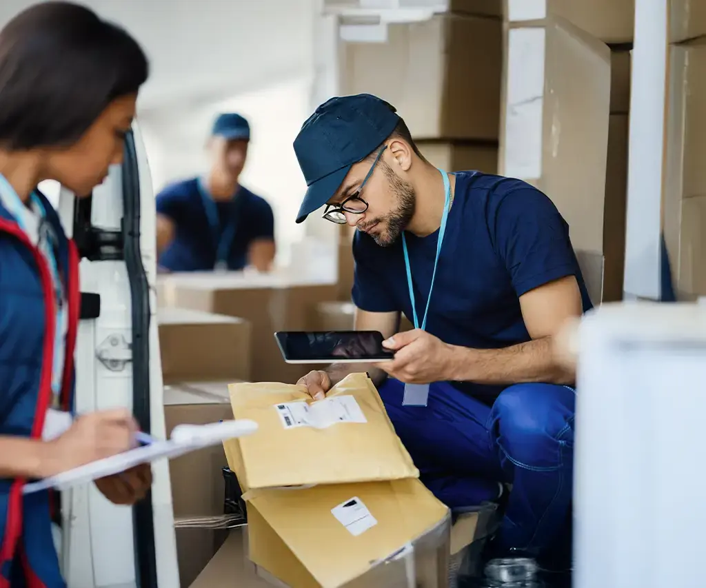 Logistics worker scans package with tablet while coordinating deliveries near a van.