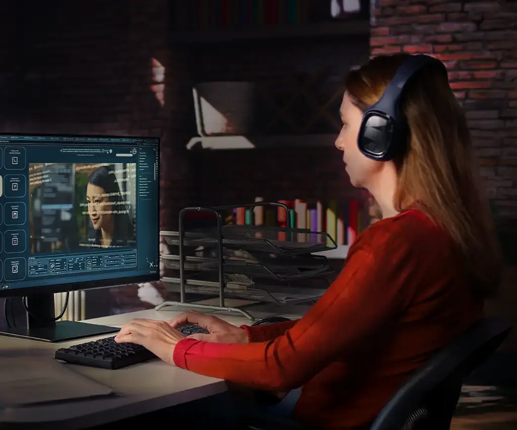Game developer using intelligent workflow software with headset in a modern workspace.