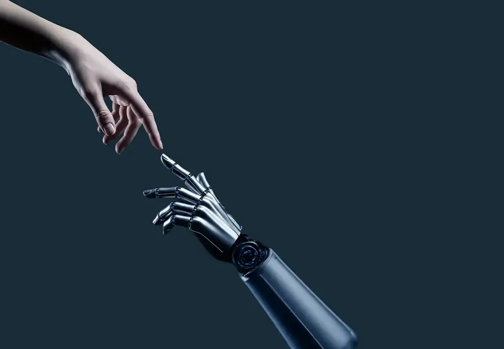 Human hand reaching toward robotic hand symbolizing AI integration in financial services operations.