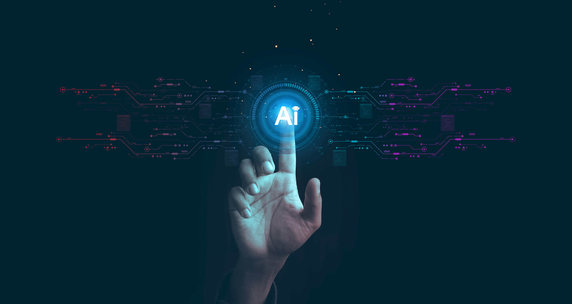 Hand reaching toward glowing AI text, symbolizing gap between AI readiness and funding.