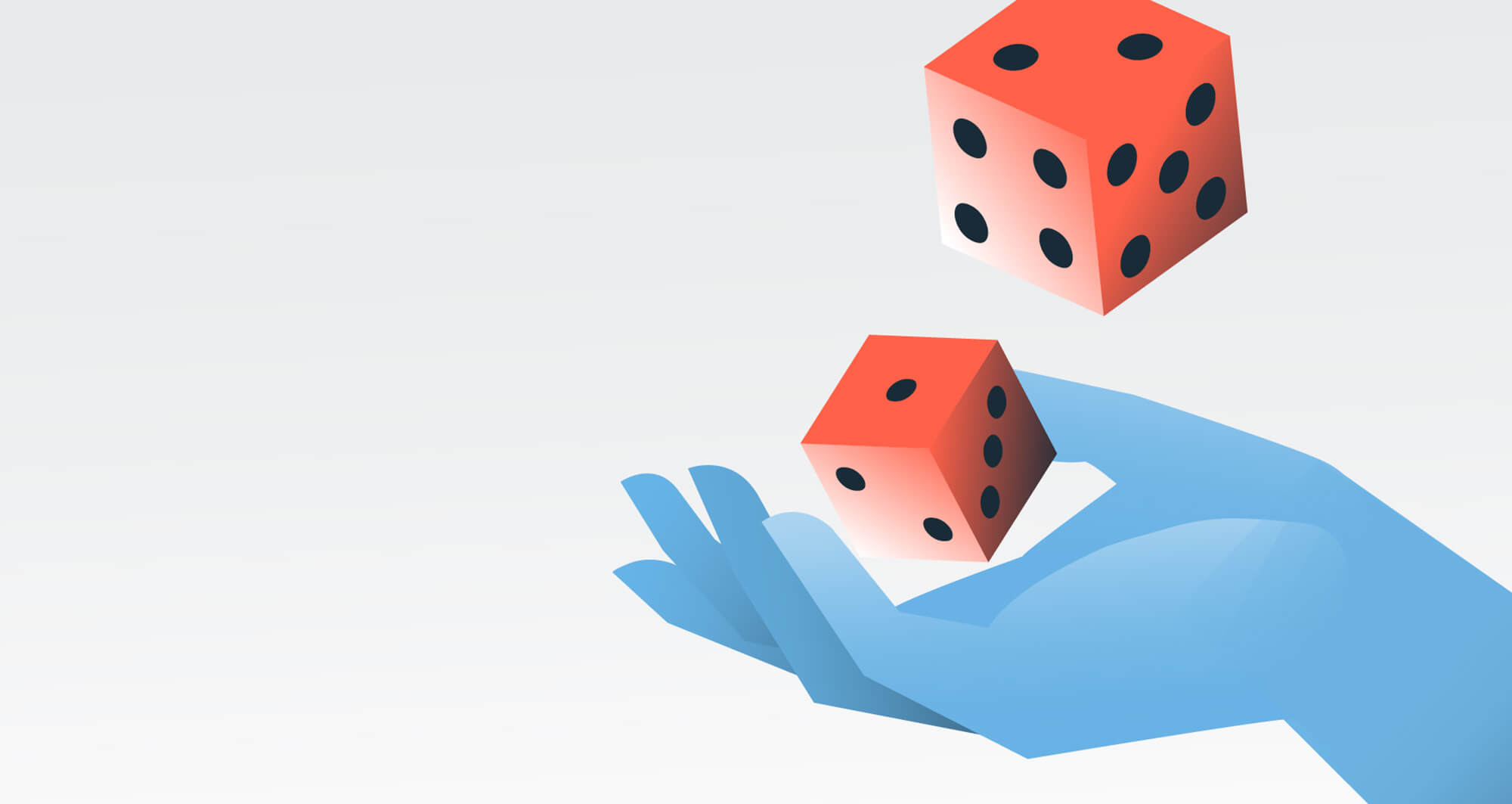 Hand holding rolling dice representing risk analysis and probabilistic decision-making in digital solutions