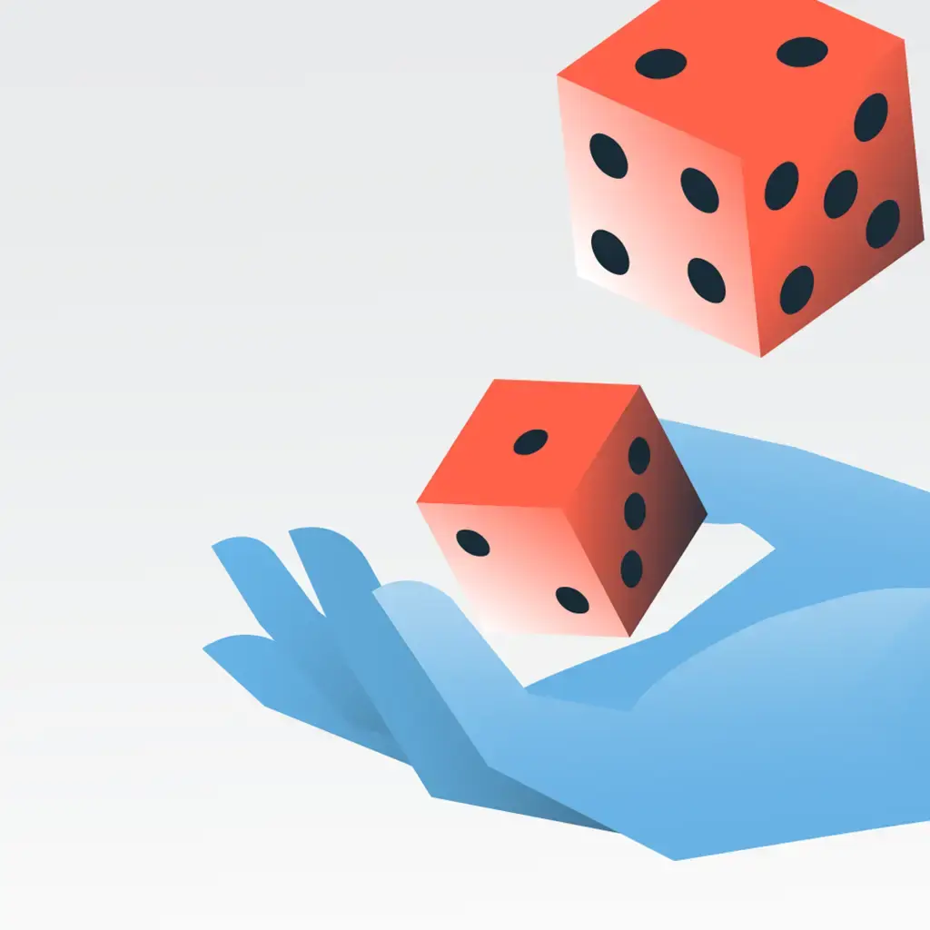 Hand holding rolling dice representing risk analysis and probabilistic decision-making in digital solutions