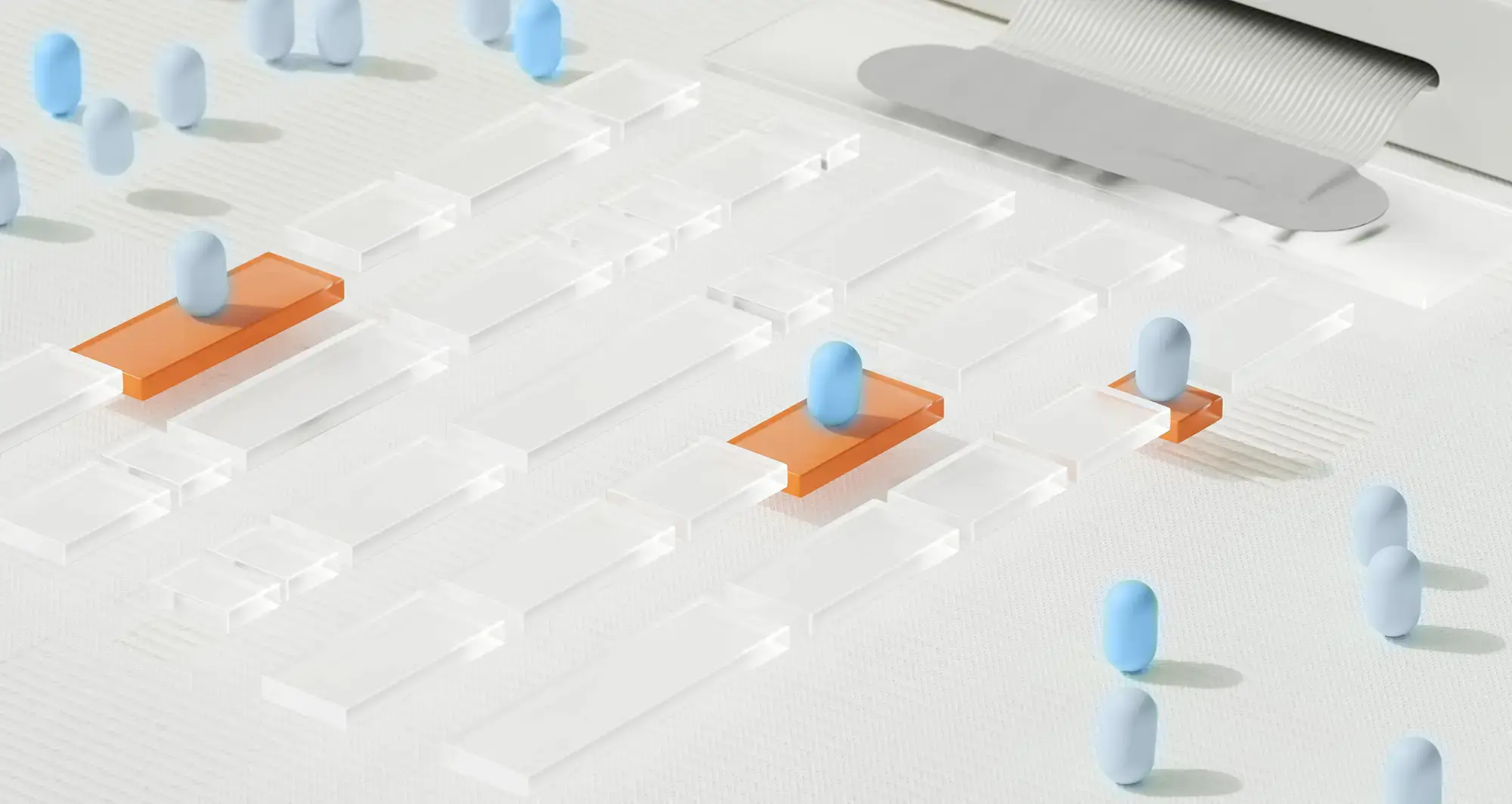 Abstract digital shopping journey with AI agents navigating connected commerce pathways