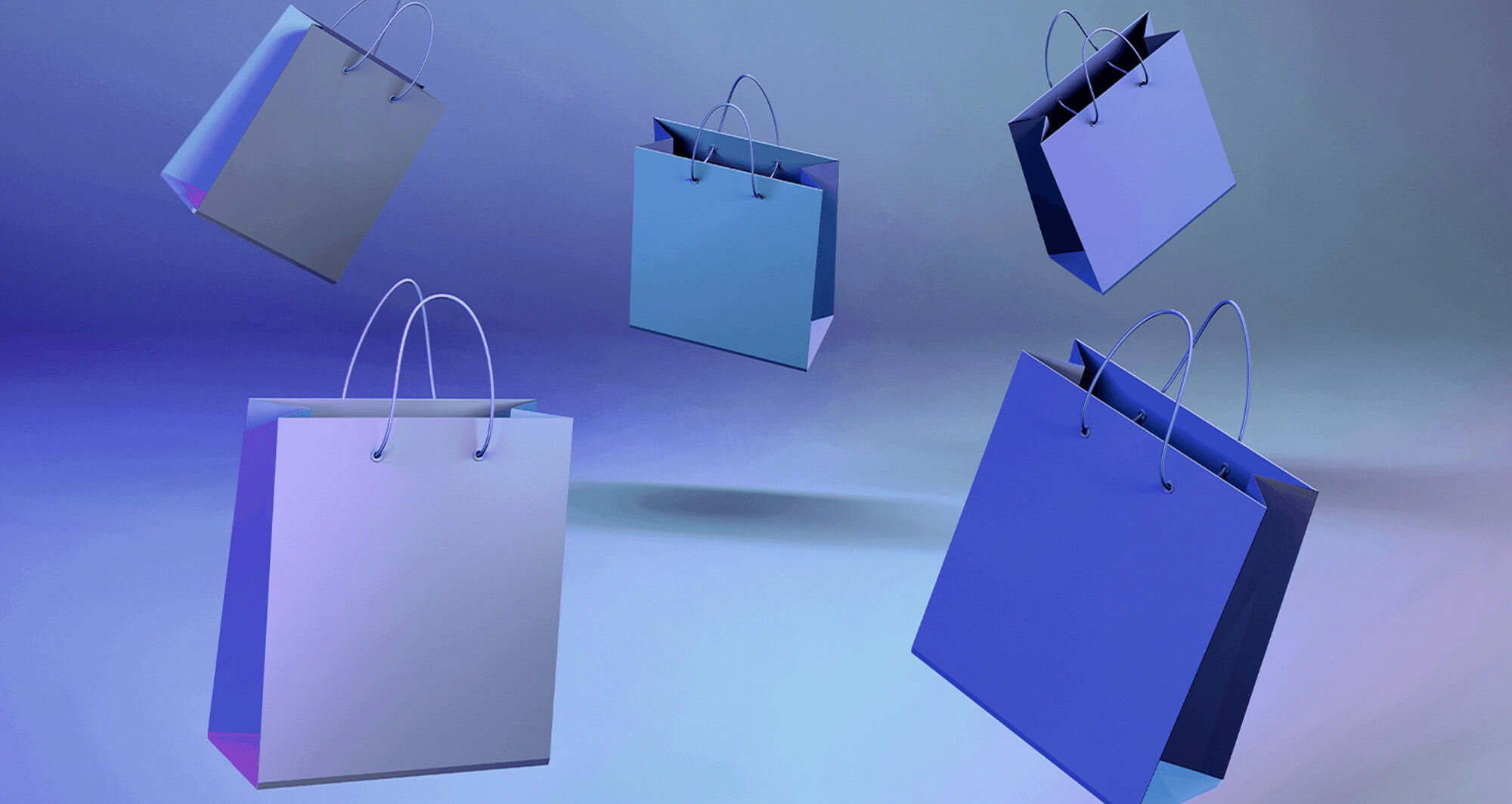 Floating shopping bags on a gradient background symbolizing digital retail and e-commerce transformation.