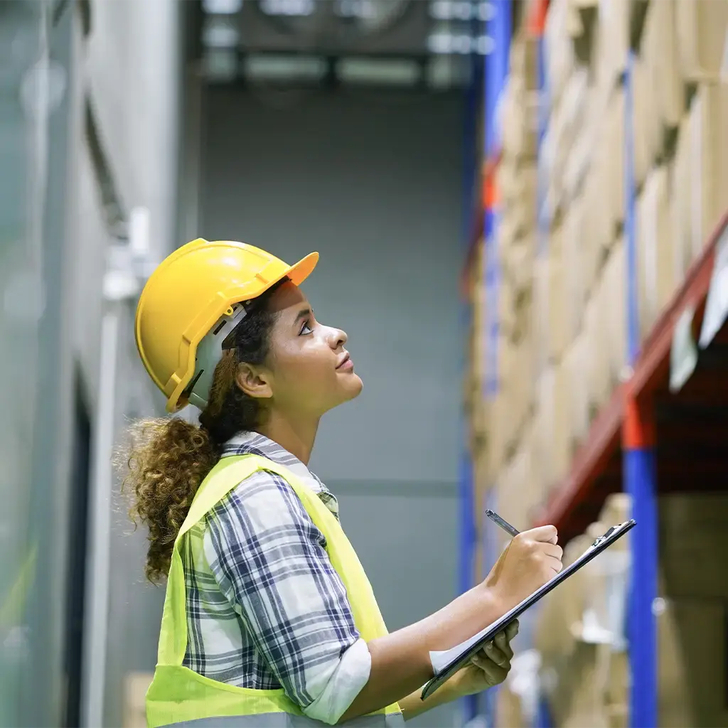 Warehouse worker in a safety vest and helmet inspecting inventory on high shelves with a clipboard.