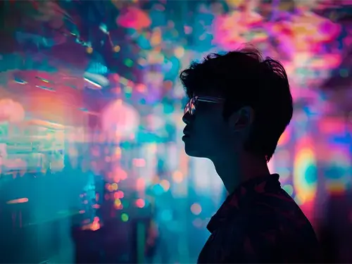 silhouette of man standing in front of colorful electronic lights