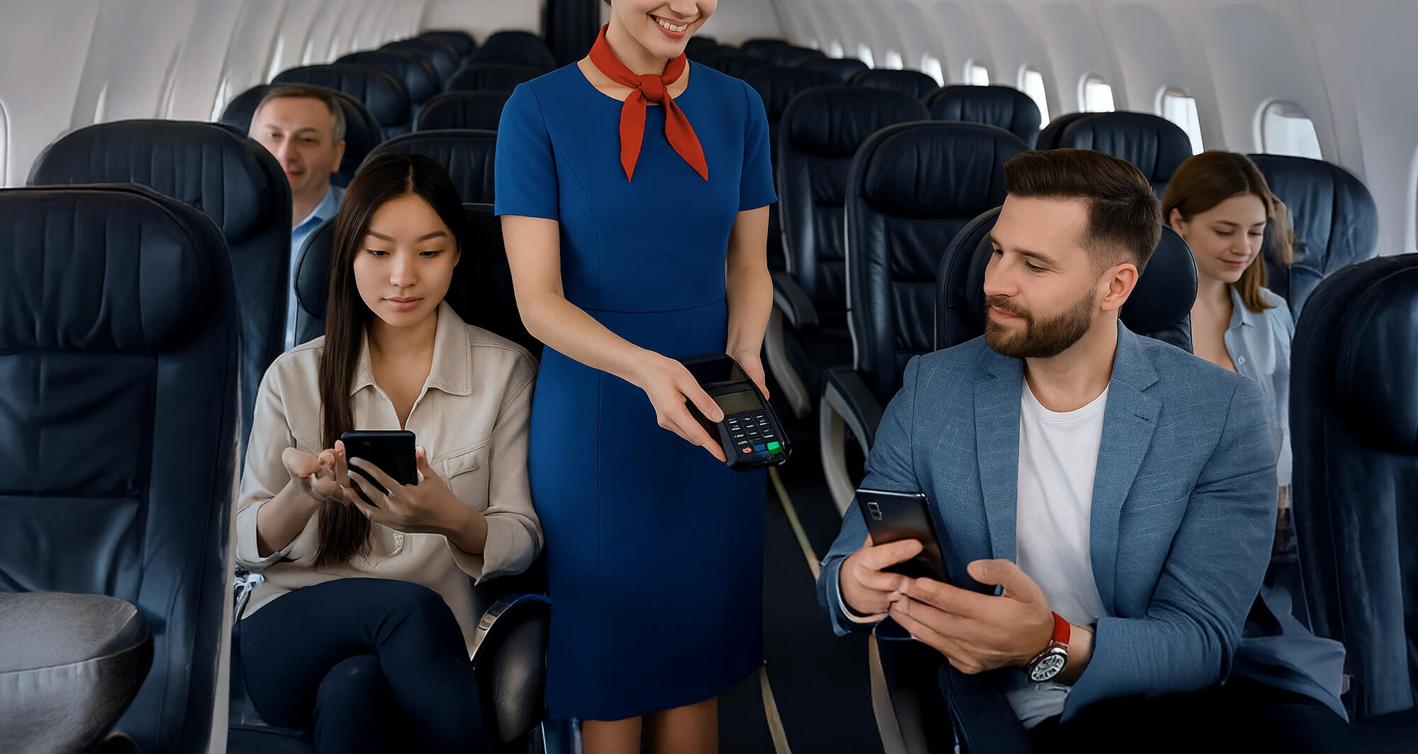 Airline passenger makes mobile payment via card reader held by flight attendant during in-flight service.