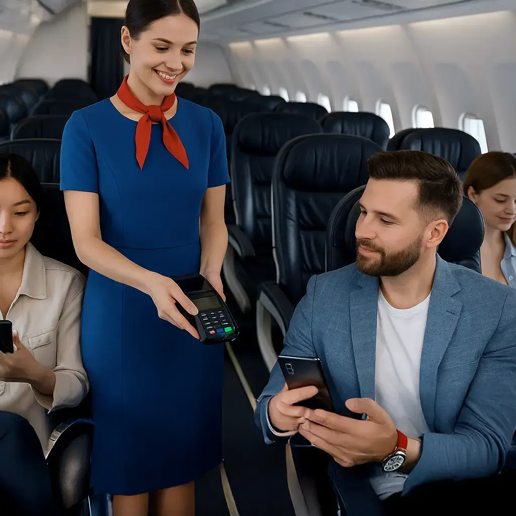 Airline passenger makes mobile payment via card reader held by flight attendant during in-flight service.