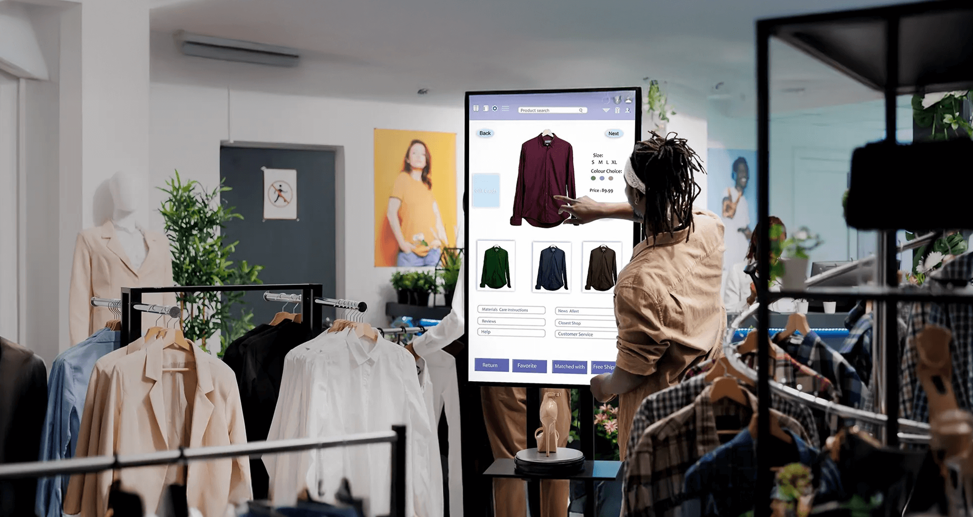 Shopper browsing clothing on an interactive digital screen in a retail store with smart fitting options.