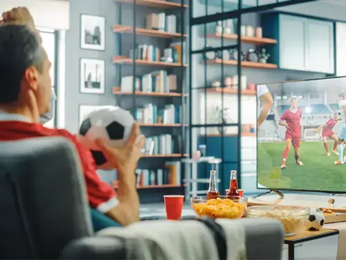 sports fan watching a soccer game on television